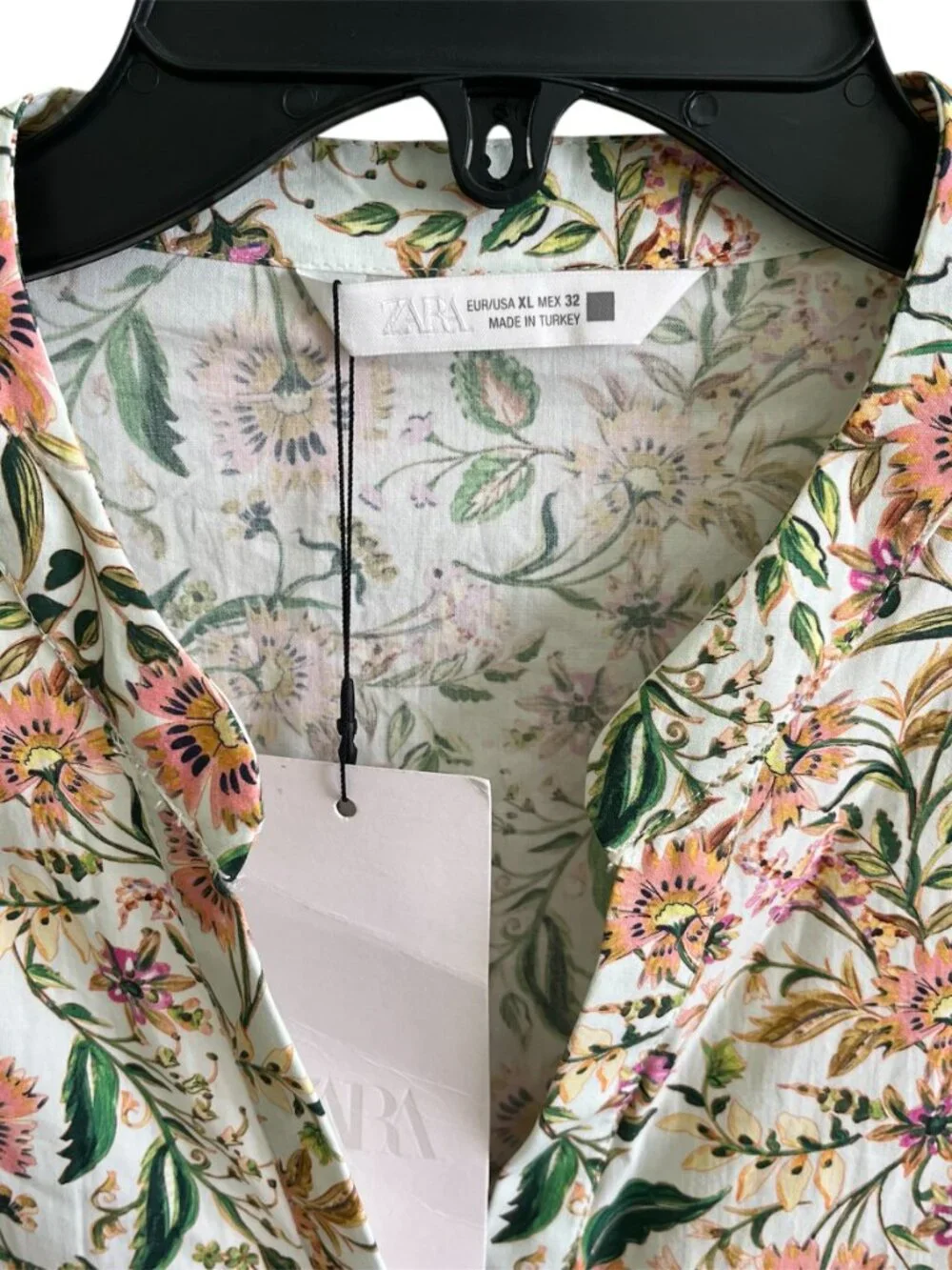 Zara Printed Midi Poplin Dress XL Organic Cotton Belted Button Front Summer NWT